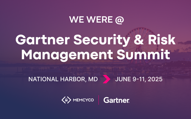 Announcing Memcyco at Gartner Security & Risk Management Summit 2025, June 9-11 in National Harbor, MD—featuring Memcyco and Gartner logos set against a scenic waterfront backdrop.