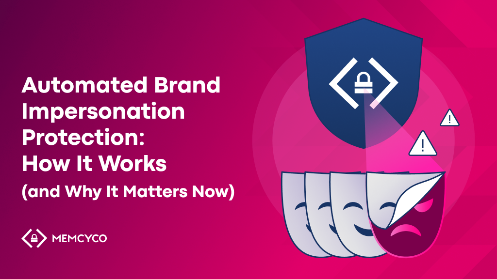 Illustration showing a shield protecting documents with warning symbols, alongside the text: "Automated brand impersonation protection: How It Works (and Why It Matters Now).