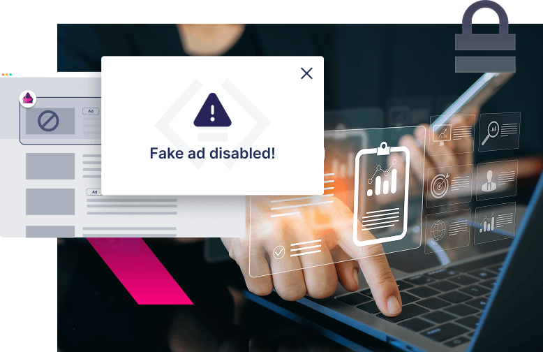 A person uses a laptop with a pop-up notification saying "Fake ad disabled!" while digital graphics of charts and data hint at an SEO poisoning attempt detected amid concerns of search engine manipulation.