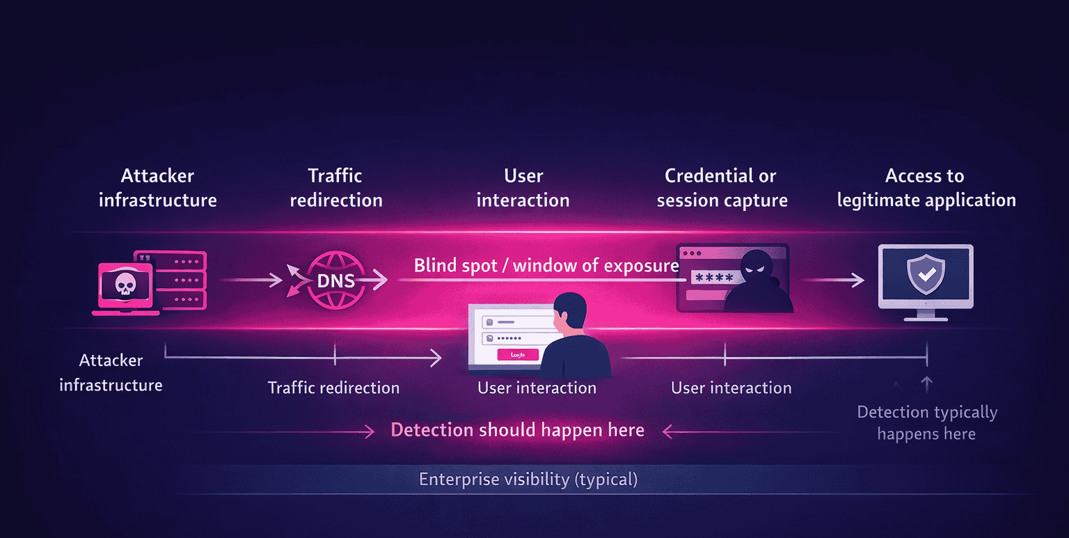 Diagram showing a man-in-the-middle (MITM) attack lifecycle and the blind spot where traditional detection lacks visibility before credential or session capture
